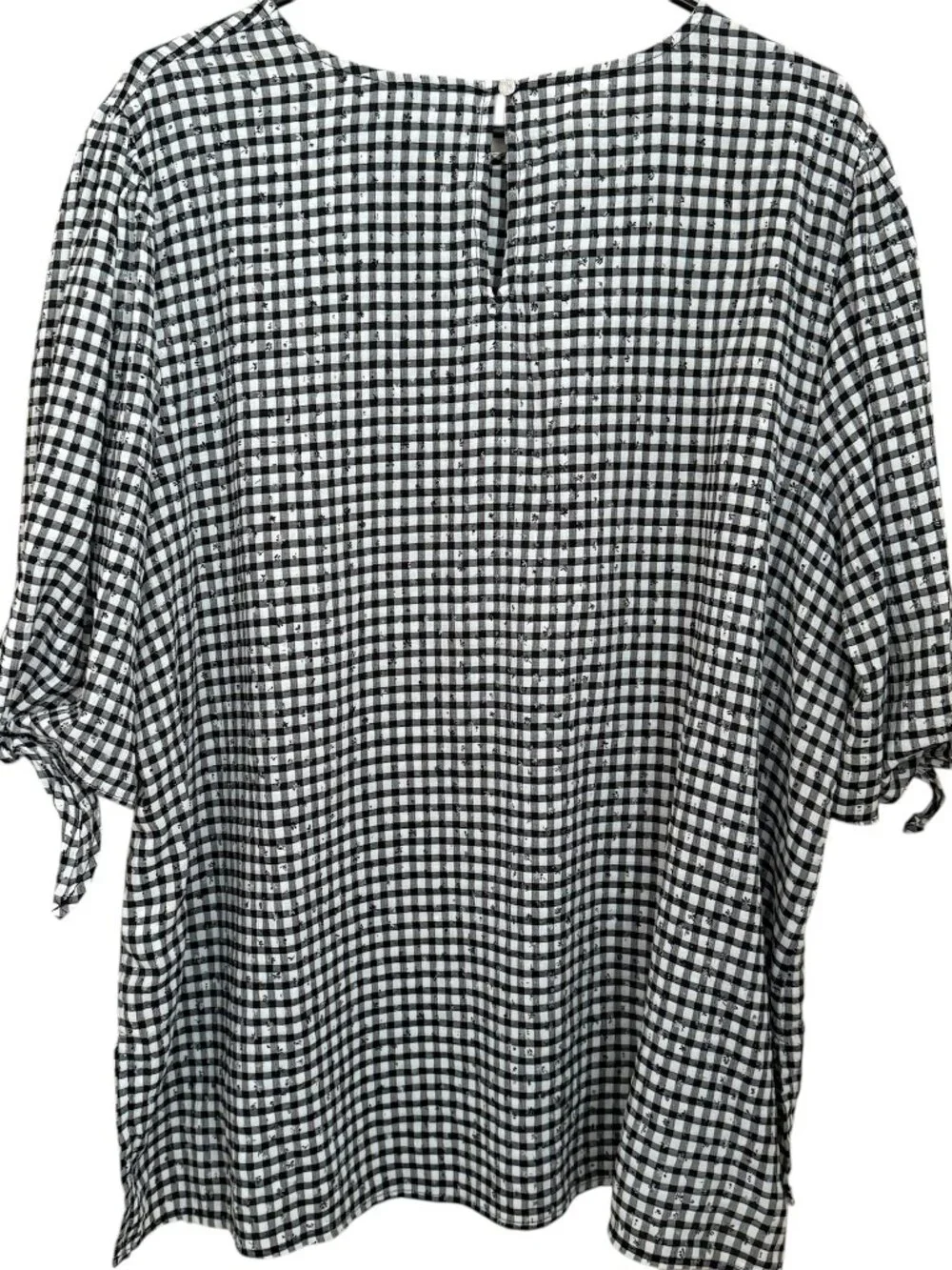 CeCe Tie Sleeve Gingham Top Sz 3X Black Check 3/4 Puff Sleeve Cottagecore Office - Picture 3 of 8